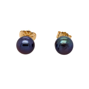 Preowned 18ct Yellow Gold & Grey/Blue Pearl Stud Earrings with the weight 1.10 grams. The pearls are each 7mm diameter