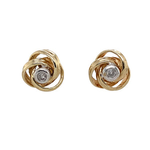 Preowned 9ct Yellow and White Gold & Diamond Set Knot Stud Earrings with the weight 2.60 grams