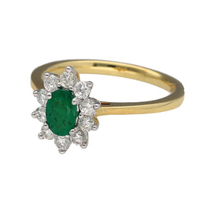 New 18ct Yellow and White Gold Diamond & Emerald Cluster Ring in size M with the weight 3.40 grams. The emerald stone is 6mm by 4mm and there is approximately 38pt of diamond content in total