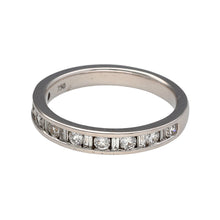 Load image into Gallery viewer, Preowned 18ct White Gold &amp; Diamond Set Band Ring in size M with the weight 3.40 grams. The 3mm band is made up of brilliant cut and baguette cut diamonds 
