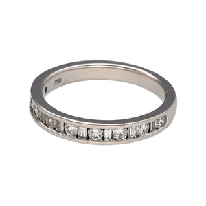 Preowned 18ct White Gold & Diamond Set Band Ring in size M with the weight 3.40 grams. The 3mm band is made up of brilliant cut and baguette cut diamonds 