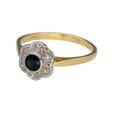 Load image into Gallery viewer, Preowned 18ct Yellow Gold &amp; Platinum Diamond Sapphire Set Flower Ring in size L with the weight 2.60 grams. The sapphire stone is 4mm diameter
