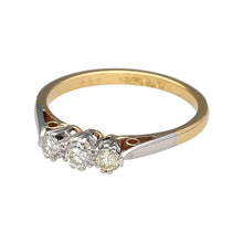 Load image into Gallery viewer, Preowned 18ct Yellow Gold &amp; Platinum Diamond Set Trilogy Ring in size K with the weight 2.20 grams. There is approximately 24pt - 27pt of diamond content in total at approximate clarity Si2 and colour L - N
