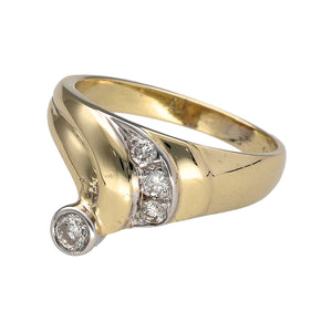 Preowned 14ct Yellow and White Gold & Diamond Set Wishbone Style Ring in size K with the weight 3.60 grams. The front of the ring is 11mm high and there is approximately 20pt of diamond content in total