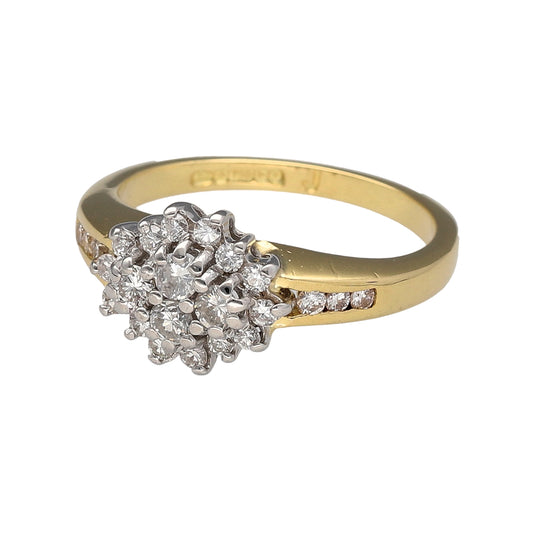 Preowned 18ct Yellow and White Gold & Diamond Set Cluster Ring in size L with the weight 4.20 grams. There is approximately 36pt - 40pt of diamond content in total