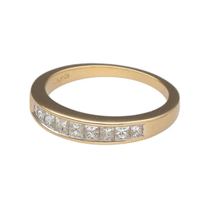Preowned 14ct Yellow Gold & Diamond Set Band Ring in size N with the weight 3 grams. The front of the band is 3mm wide and there is approximately 42pt - 50pt of diamond content in total 