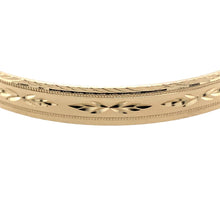 Load image into Gallery viewer, Preowned 9ct Yellow Solid Gold Engraved Patterned Bangle with the weight 11.20 grams. The bangle width is 7mm and the bangle diameter is 6.8cm 
