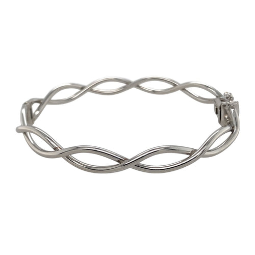 9ct White Gold Open Weave Hinged Oval Bangle
