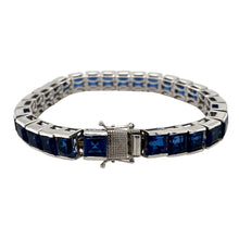 Load image into Gallery viewer, Preowned 925 Silver &amp; Sapphire coloured stone Set 7.5&quot; Bracelet with the weight 33.60 grams. The sapphire coloured stones are each 6mm by 6mm
