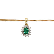 Load image into Gallery viewer, Preowned 9ct Yellow and White Gold Diamond &amp; Emerald Set Cluster Pendant on an 18&quot; curb chain with the weight 3.20 grams. The emerald stone is 6mm by 4mm
