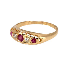Load image into Gallery viewer, Preowned 18ct Yellow Gold Diamond &amp; Ruby set Antique Chester Hallmarked Ring in size L with the weight 2.10 grams. The center ruby stone is 3mm diameter and the side stones are each 2mm diameter
