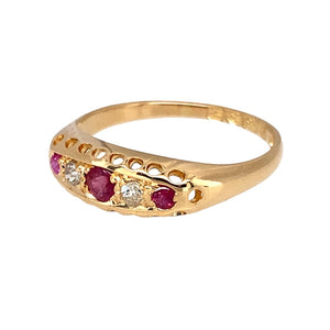 Preowned 18ct Yellow Gold Diamond & Ruby set Antique Chester Hallmarked Ring in size L with the weight 2.10 grams. The center ruby stone is 3mm diameter and the side stones are each 2mm diameter