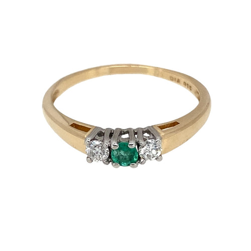 9ct Gold Diamond & Green Stone Set Trilogy Ring