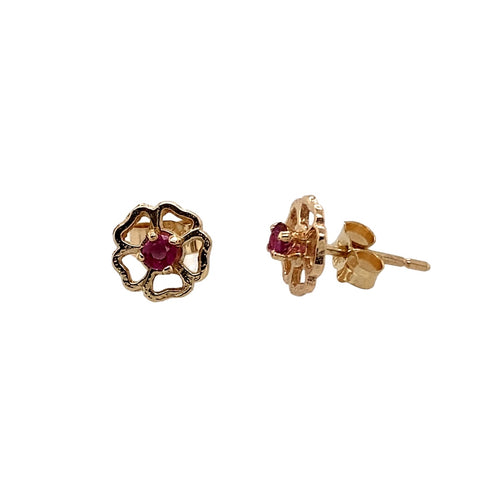 9ct Gold & Ruby Set Flower Stud Earrings