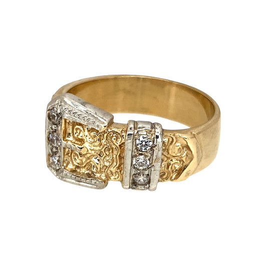 New 9ct Yellow and White Gold & Cubic Zirconia Set Buckle Ring in size W to X with the weight approximately 8.20 grams. The front of the buckle is 12mm high