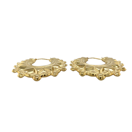 New 9ct Yellow Gold Fancy Patterned Creole Earrings with the weight 4.40 grams. Each earring is 3.6cm by 3.7cm