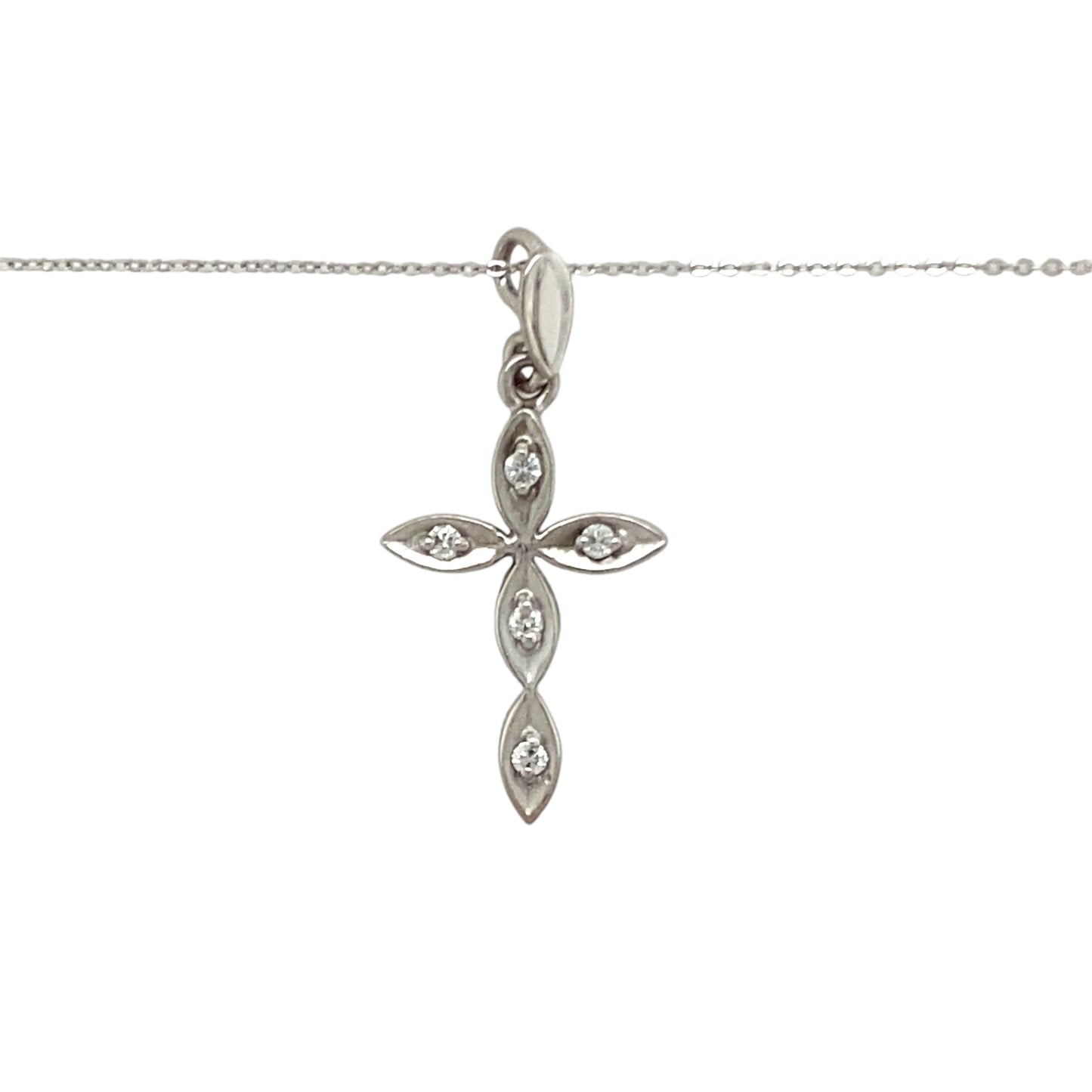 Preowned 9ct White Gold & Diamond Set Cross Pendant on an 18" chain with the weight 2.30 grams. The pendant is 2.8cm long including the bail
