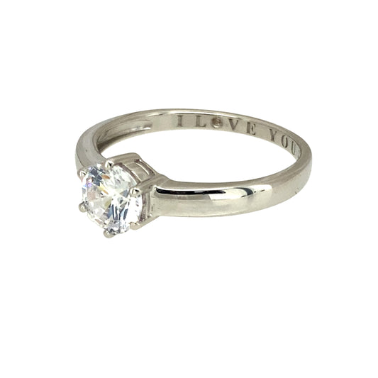 Preowned 9ct White Gold & Cubic Zirconia Set Solitaire Ring in size O with the weight 2 grams. The stone is 6mm diameter