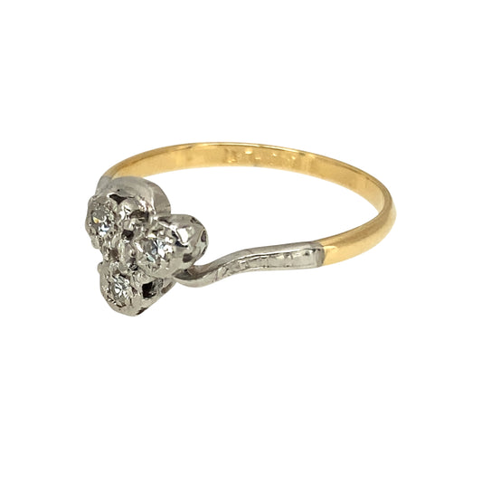 Preowned 18ct Yellow Gold & Platinum Diamond Set Vintage Three Stone Ring in size P with the weight 2.30 grams. The front of the ring is 8mm high