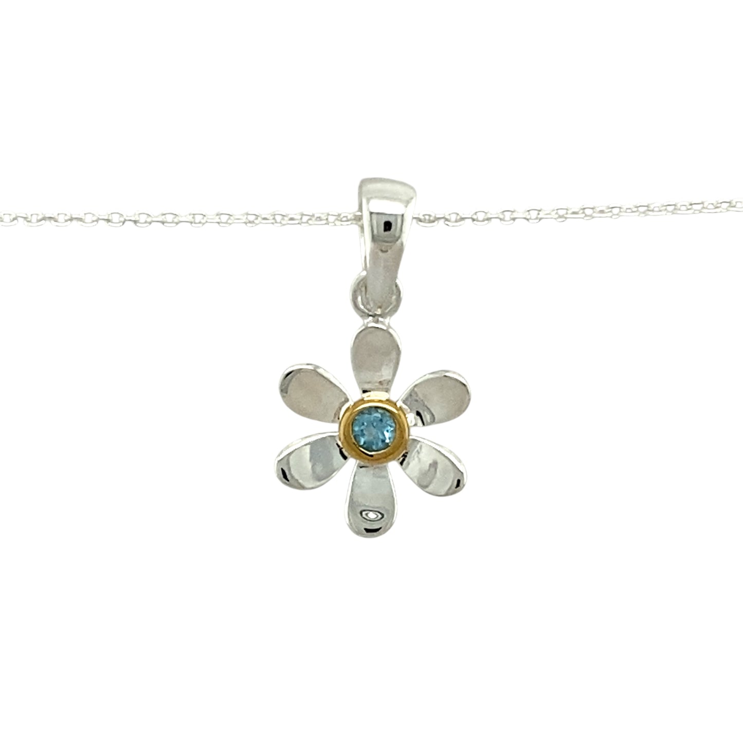 925 Silver & Blue Topaz Set Flower March Birthstone 16" - 18" Necklace