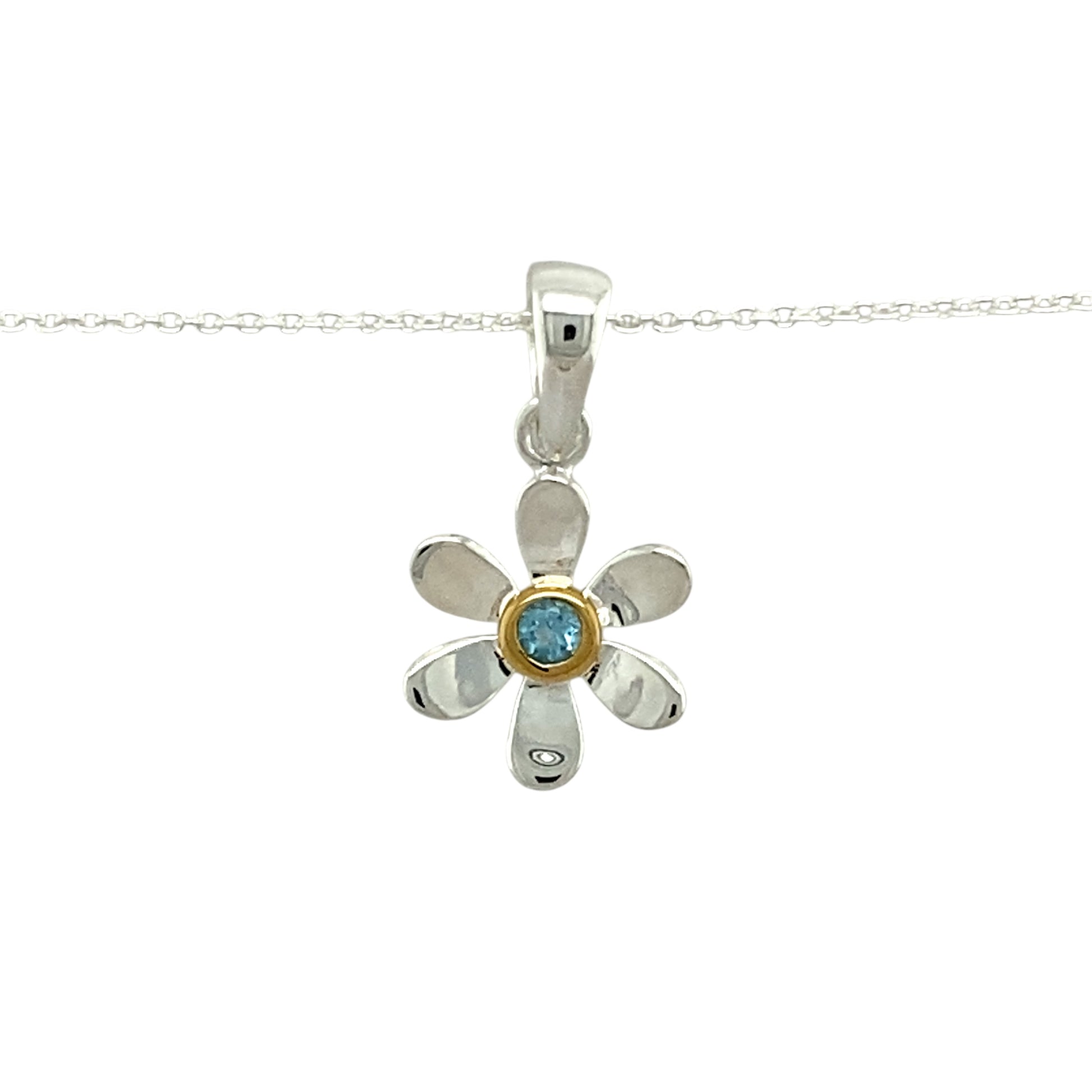 925 Silver & Blue Topaz Set Flower March Birthstone 16" - 18" Necklace