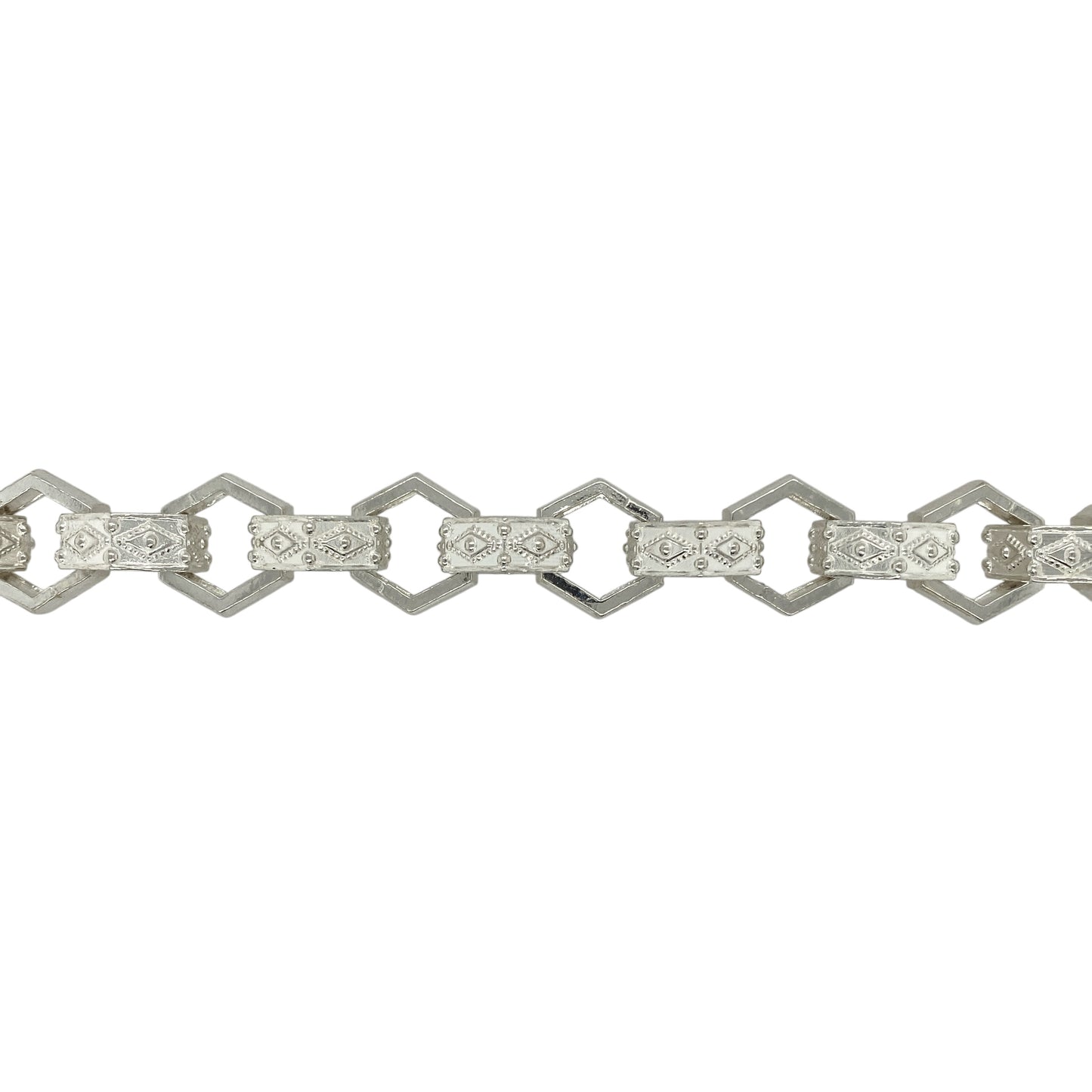 New 925 Silver 9.5" Patterned Hexagon Link Bracelet