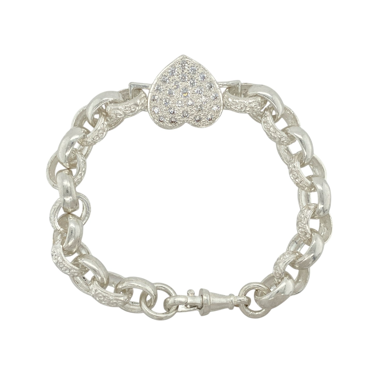 New 925 Silver & Cubic Zirconia Set Heart 8" Belcher Bracelet