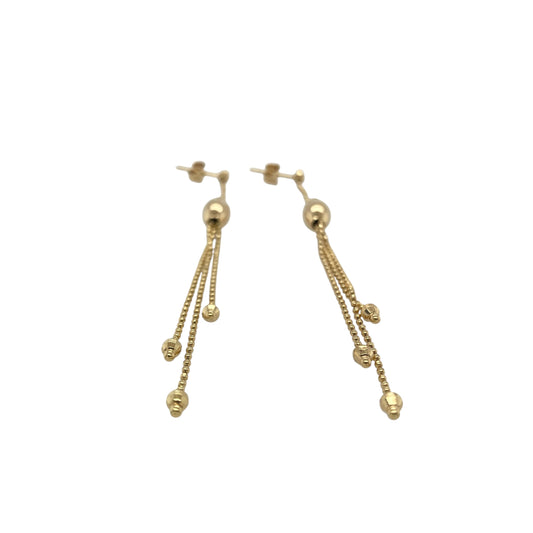 Bring elegant movement and timeless shine to your collection with these pre-owned 9ct yellow gold bead drop stud earrings, offering a refined blend of classic sophistication and graceful style—perfect for making a statement.
Design: Each earring features a polished bead drop design with an impressive length of 8.8cm, creating an eye-catching, flowing silhouette that moves beautifully with every step.