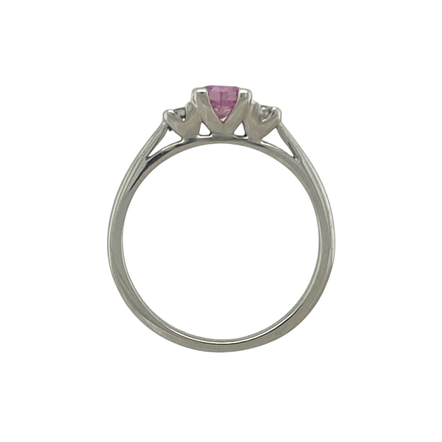 18ct White Gold Diamond & Pink Sapphire Set Trilogy Ring