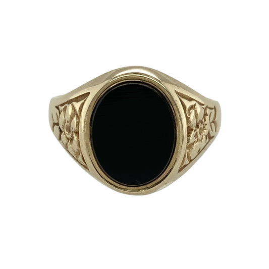 9ct Gold & Onyx Set Flower Patterned Oval Signet Ring