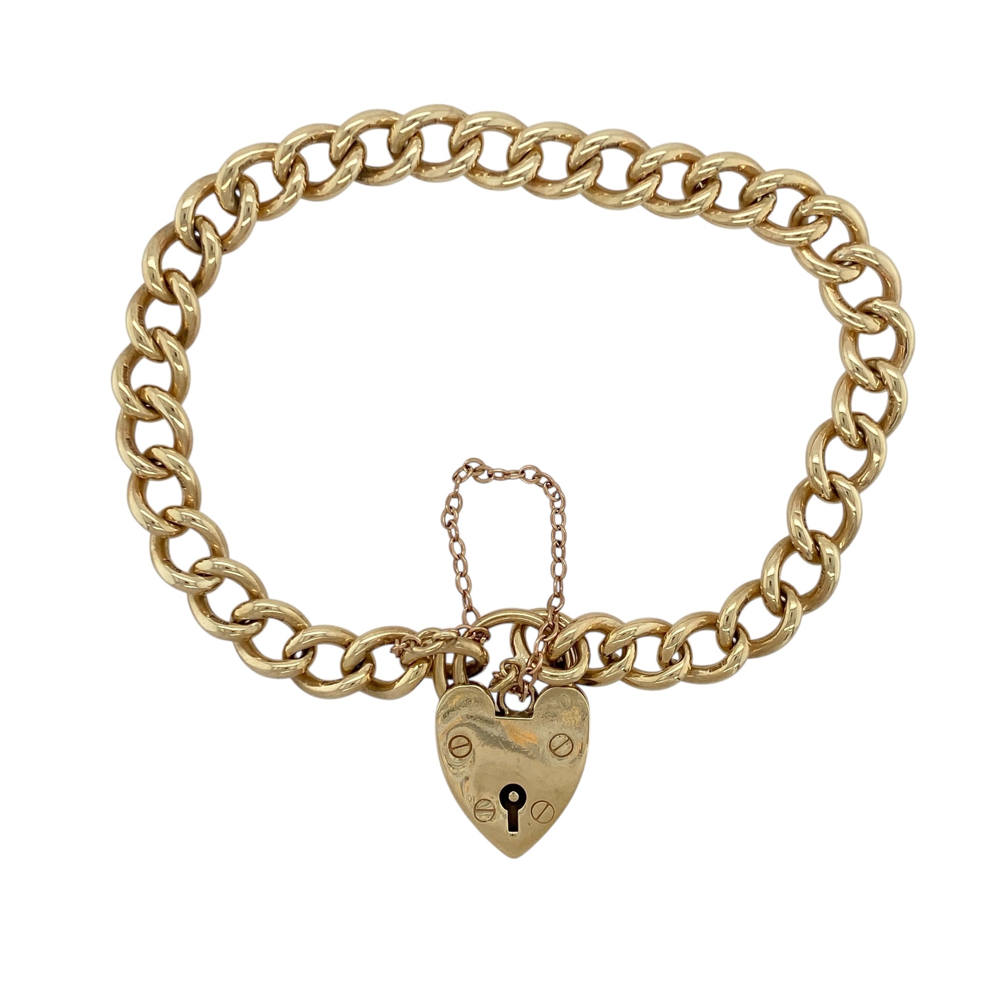 9ct Gold 8" Heart Padlock Safety Chain Charm Bracelet