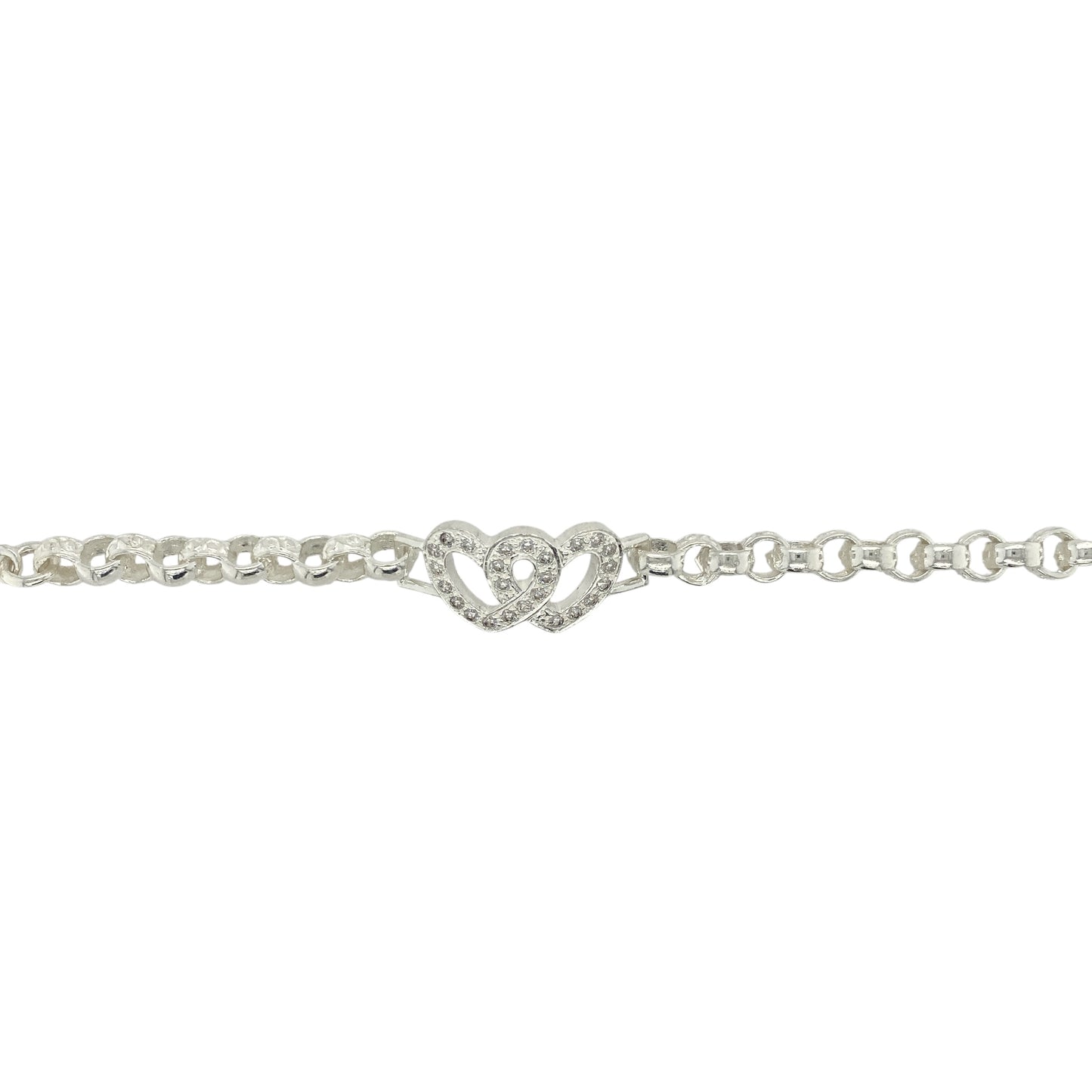 New 925 Silver & Cubic Zirconia Set 6" Double Heart Belcher Bracelet
