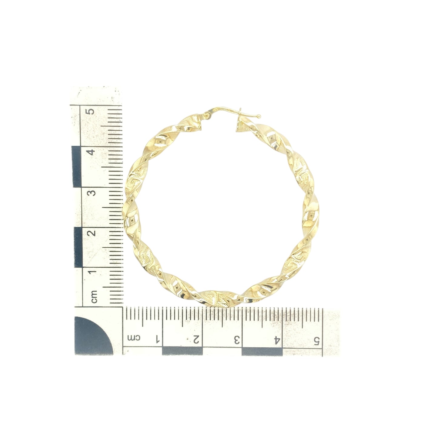 9ct Gold Twisted Green Key Patterned Large Hoop Creole Earrings