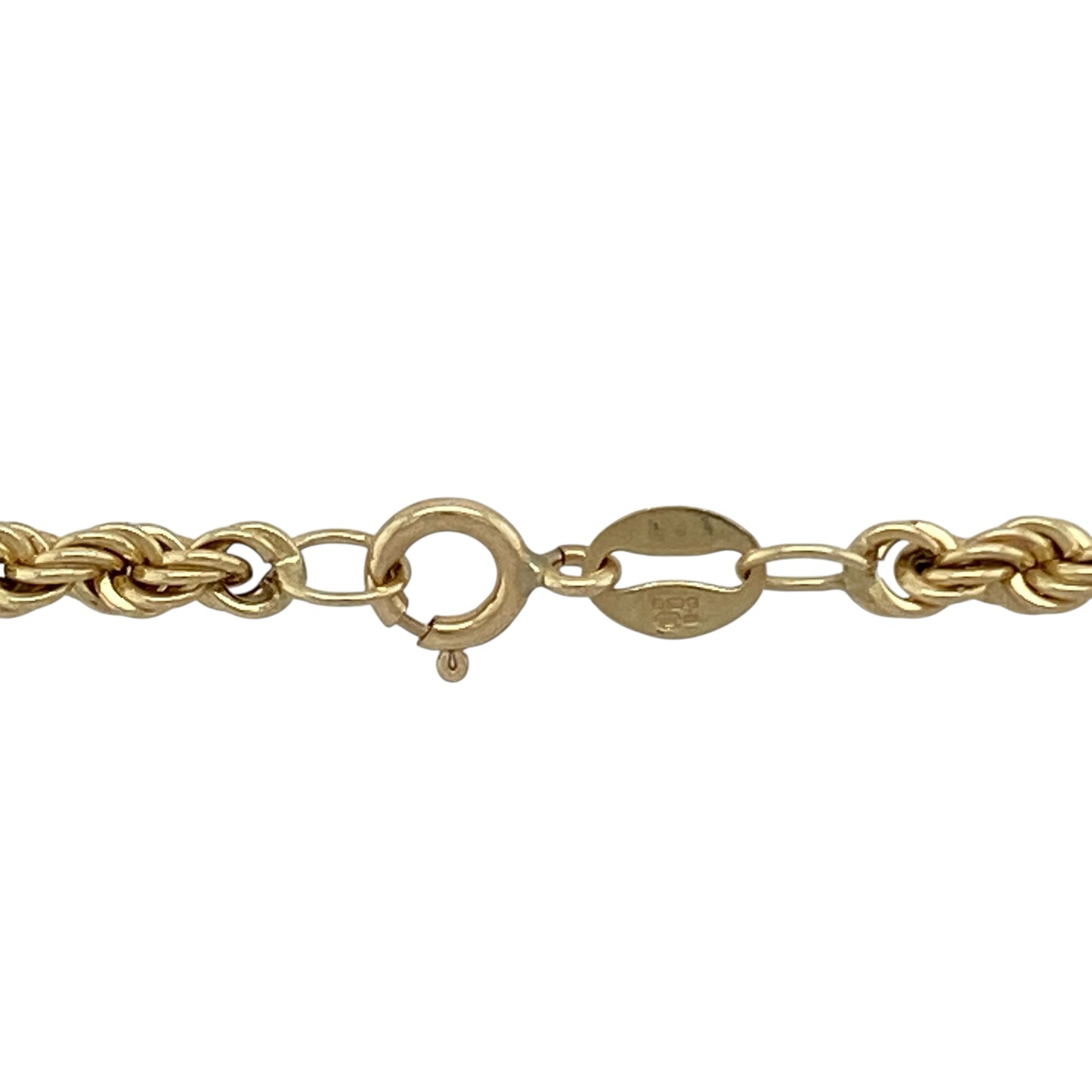 Bring bold texture and distinctive style to your collection with this pre-owned 9ct yellow gold rope chain, a timeless piece with a tapered design that adds both comfort and visual interest.
Design: The necklace features an 18-inch rope chain with twisted links measuring 6mm wide at the centre and tapering down to 3mm at the clasp, creating a strong yet refined look.
Material: Made from 9-carat yellow gold, the polished finish enhances the rope-style texture and delivers a radiant golden shine.