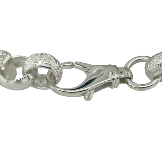 Bring bold sophistication and radiant sparkle to your collection with this new 925 silver cubic zirconia 9" patterned gypsy-style link bracelet, combining timeless design with contemporary shineβperfect for statement wear or refined everyday elegance.
Design: The bracelet features a patterned gypsy-style link design, each link measuring 8mm wide and adorned with cubic zirconias that add brilliant sparkle and texture throughout.