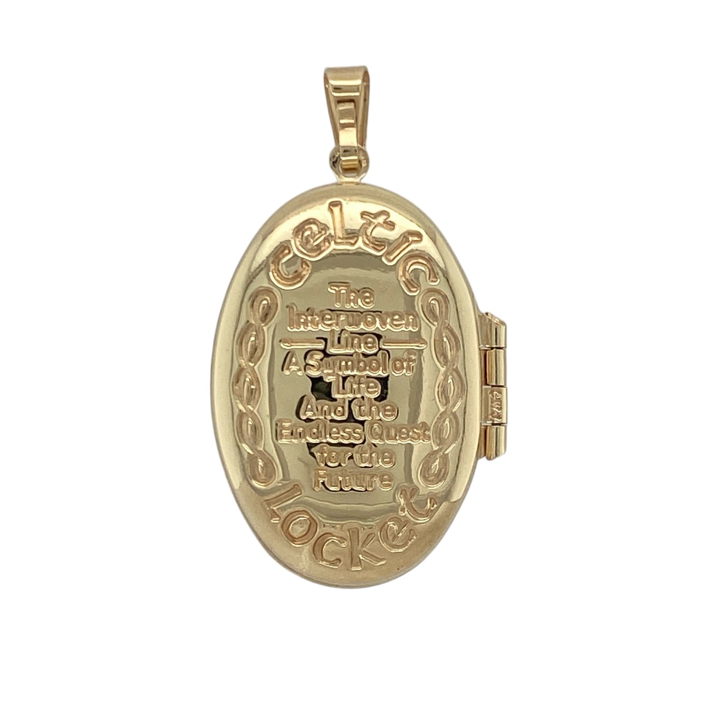 Add a touch of heritage elegance to your collection with this pre-owned 9ct yellow gold Celtic-style oval locket — a beautiful piece that blends timeless design with meaningful symbolism.
Design: The locket features intricate Celtic knotwork detailing on its oval face, representing unity and eternity, with a smooth polished reverse ideal for personal engraving or sentimental keepsakes.