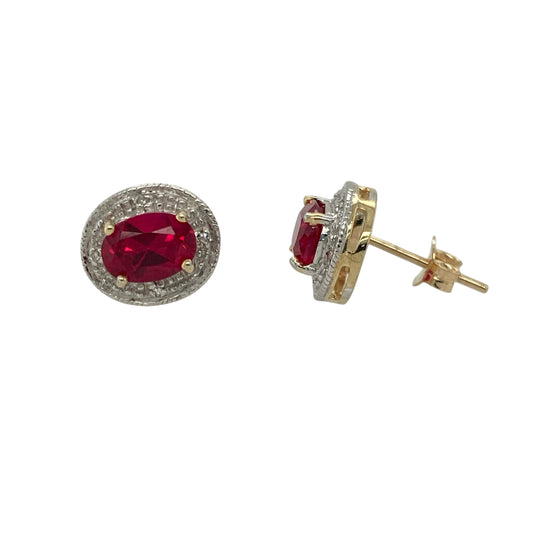 9ct Gold Diamond & Ruby Set Halo Stud Earrings