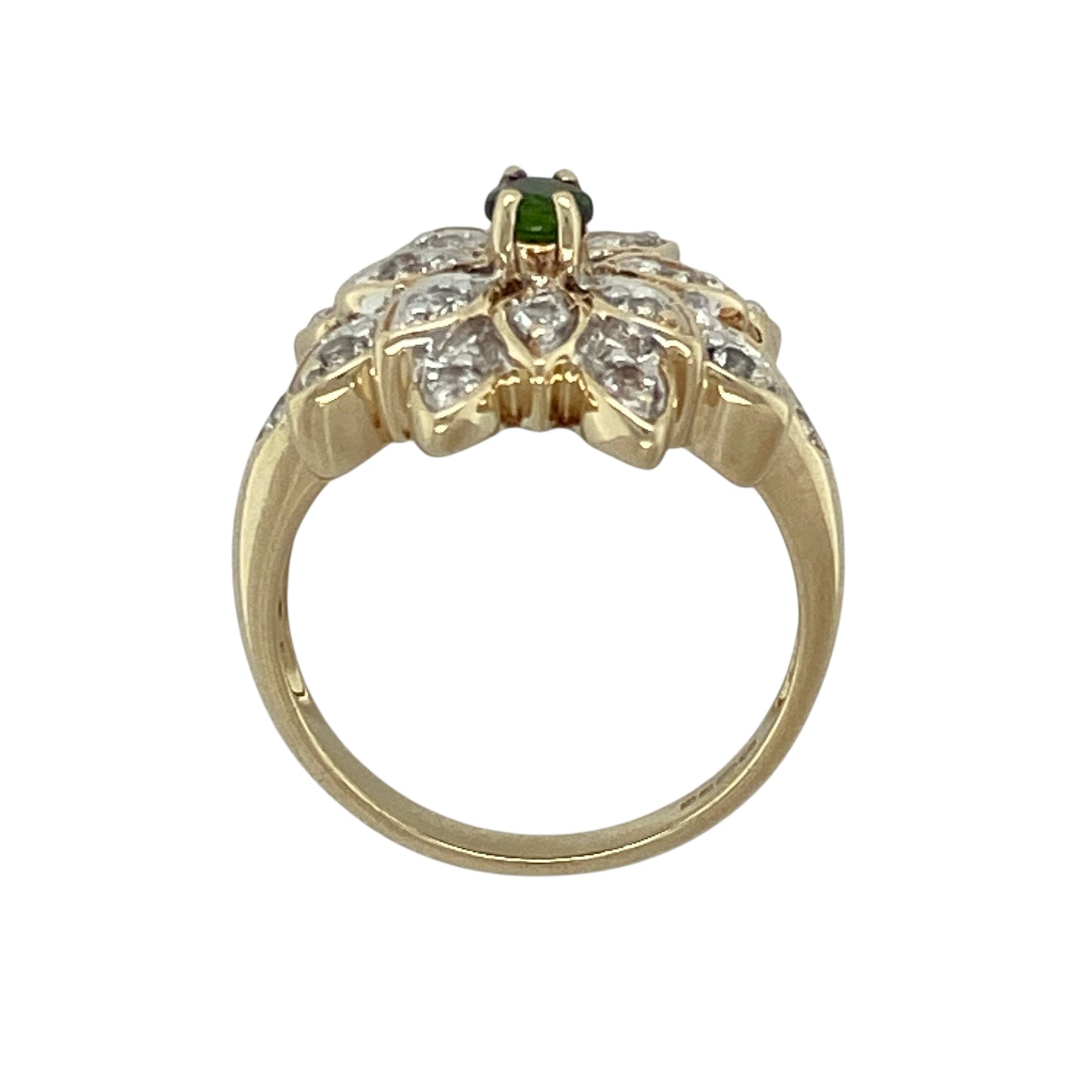 9ct Gold Green Stone & Cubic Zirconia Set Flower Style Cluster Ring