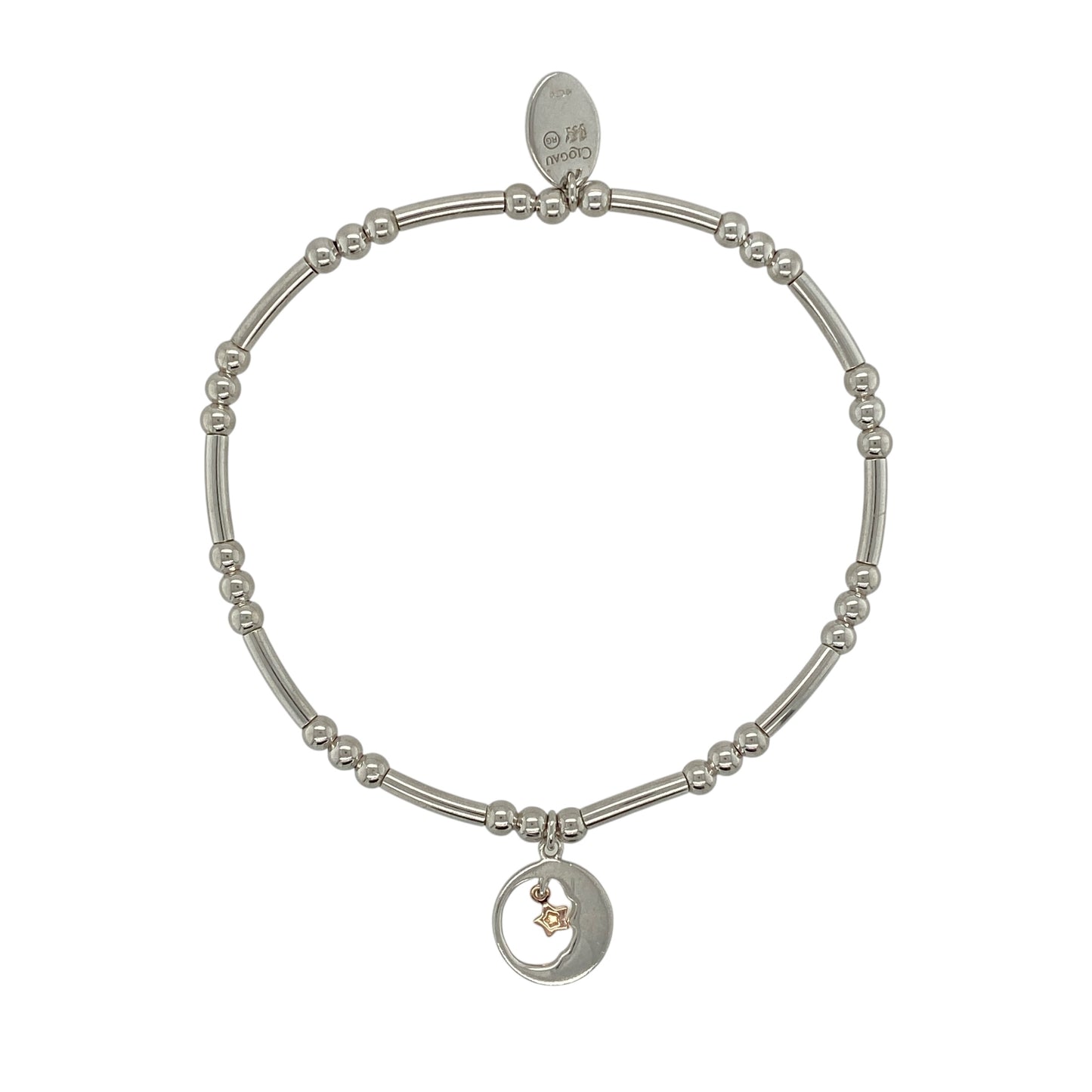 Bring celestial charm and signature Welsh style to your jewellery collection with this pre-owned 925 silver and 9ct rose gold Clogau Moon and Star Affinity stretchy beaded bracelet.
Design: The bracelet features delicate moon and star motifs, symbolising guidance, dreams, and connection, creating a subtle yet meaningful focal point.
Material: Made from sterling silver with 9-carat rose gold detailing, the contrasting tones add warmth and elegance in Clogau’s distinctive style.