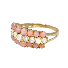 Load image into Gallery viewer, Preowned 9ct Yellow Gold &amp; Pink and White Stone Set Three Row Band Ring in size O with the weight 2.90 grams. The front of the band is 8mm wide and the stones are each approximately 2.5mm diameter each
