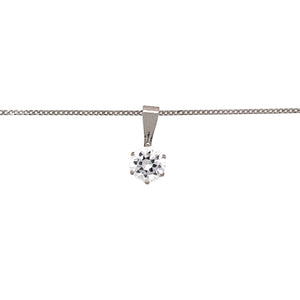Preowned 9ct White Gold & Cubic Zirconia Set Solitaire Pendant on an 18" fine curb chain with the weight 1.10 grams. The stone is 5mm diameter and the pendant is 1.1cm long including the bail