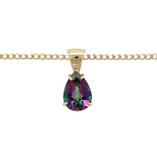 Load image into Gallery viewer, Preowned 9ct Yellow Gold &amp; Teardrop Cut Mystic Topaz Set Pendant on an 18&quot; curb chain with the weight 5.20 grams. The topaz stone is 14mm by 10mm

