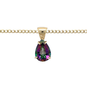Preowned 9ct Yellow Gold &amp; Teardrop Cut Mystic Topaz Set Pendant on an 18" curb chain with the weight 5.20 grams. The topaz stone is 14mm by 10mm