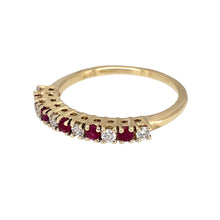 Load image into Gallery viewer, Preowned 9ct Yellow Gold Diamond &amp; Ruby Set Band Ring in size M with the weight 1.70 grams. The ruby stones are each approximately 1.5mm diameter and there is approximately 19pt of diamond content in total
