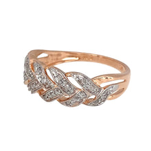 Load image into Gallery viewer, Preowned 9ct Rose and White Gold &amp; Diamond Set Plaited Band Ring in size P with the weight 2.30 grams. The front of the band is 7mm high and the ring contains approximately 10pt of diamond content
