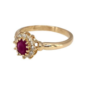 Preowned 9ct Yellow & White Gold Diamond & Ruby Set Cluster Ring in size M with the weight 2 grams. The ruby stone is 5mm by 4mm 