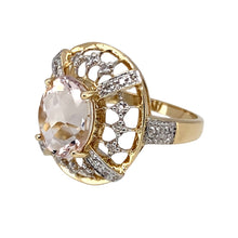Load image into Gallery viewer, Preowned 9ct Yellow and White Gold Diamond &amp; Quartz Set Patterned Ring in size N with the weight 3.30 grams. The quartz stone is 10mm by 8mm
