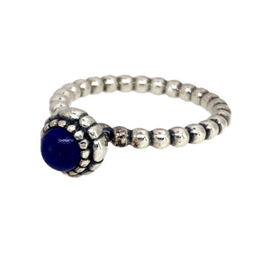 Preowned 925 Silver & Blue Stone Set Pandora Ring in size N with the weight 3.70 grams. The blue lapis lazuli coloured stone is 5mm diameter