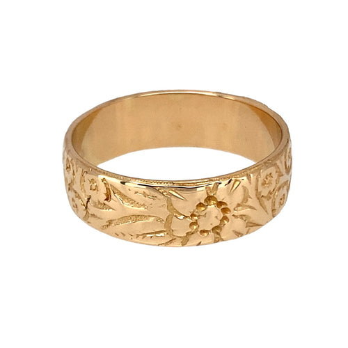 18ct Gold Flower Patterned 6mm Band Ring