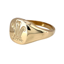 Load image into Gallery viewer, New 9ct Yellow Gold Three Feather Square Signet Ring in size X to Y with the weight 8.90 grams. The front of the ring is 13mm high
